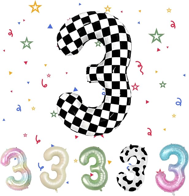 Number 3 Balloon, Checkered Number Balloon, 40" Black White Number Balloon,3rd Birthday Balloon, Black and White Balloon Number 3 for Race Car 3rd Birthday Decorations Number 3 Checkered Balloon