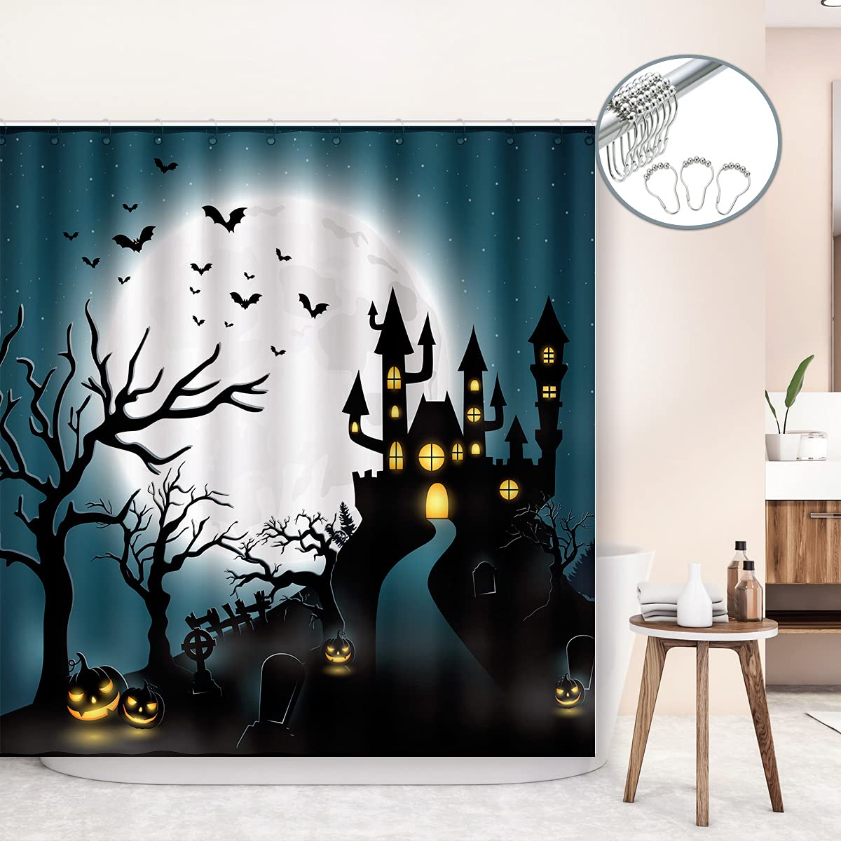 Shinichistar 72x72inch Halloween Before Christmas Shower Curtain Set with 12 Metal Hooks Moon Night Castle Purple Bathroom Curtain Durable Waterproof Fabric Bathtub Sets Home Decor