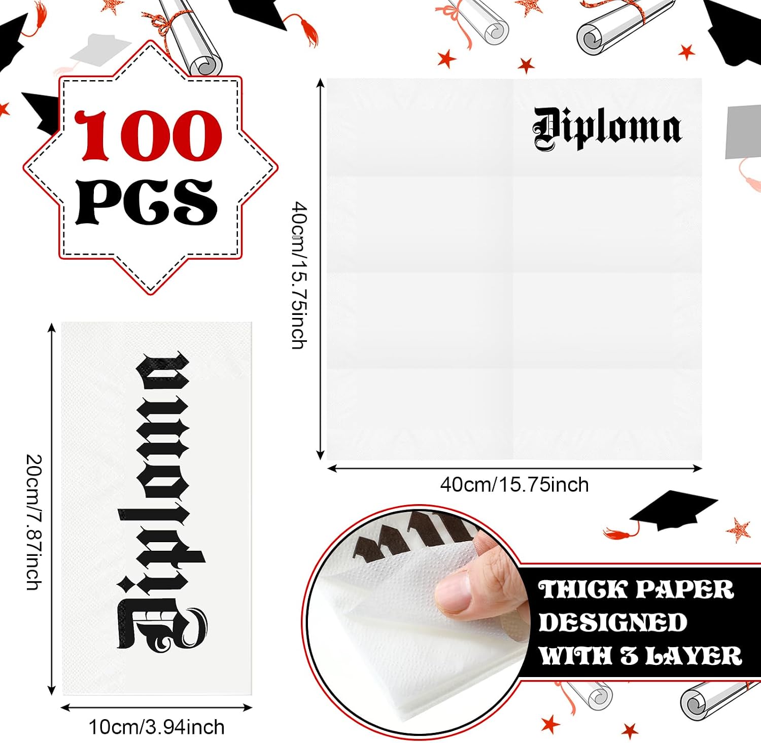 Gilprop 100 Set Graduation Diploma Guest Napkins Red Black and White Rolled Silverware Disposable Grad Award Dinner Napkin with Ribbon and Scissors for Celebration (diploma, Red, 100 Pcs)