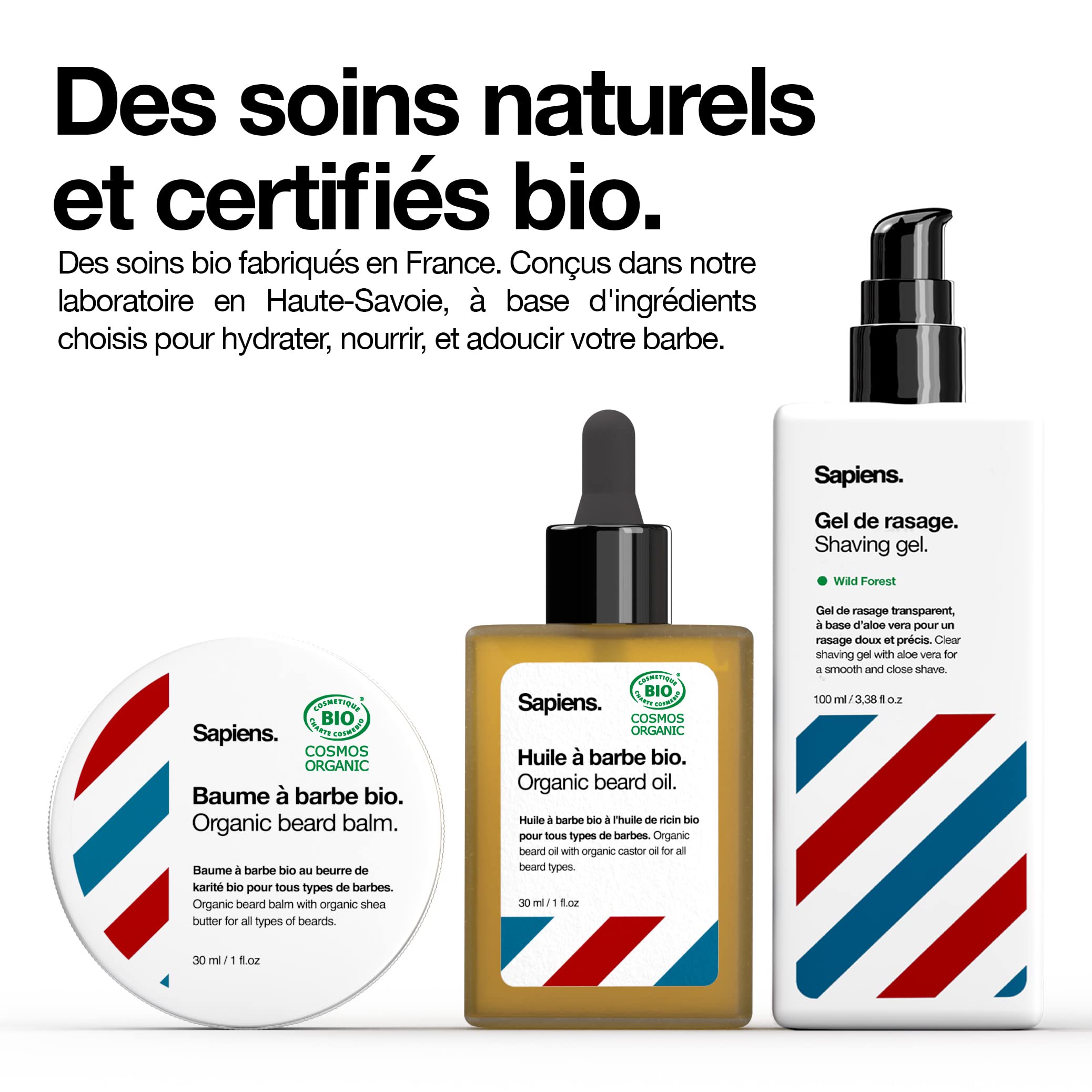 Coffret Barbe Homme Bio Sapiens - Kit Rasage et Soins Barbe Made in France avec Gel Rasage, Huile Barbe, Baume Barbe, Rasoir Coupe Choux