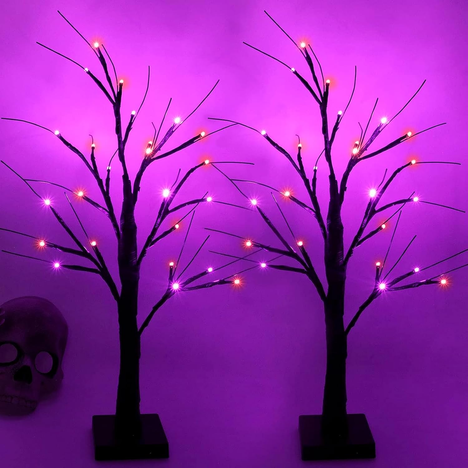 Halloween Decorations Indoor, 2-Pack 2FT Lighted Black Halloween Tree with 48 LED Orange & Purple Lights, Timer Function Battery Operated Halloween Trees Lights Spooky Tree for Tabletop Home Party Orange and Purple 2Pack-2FT
