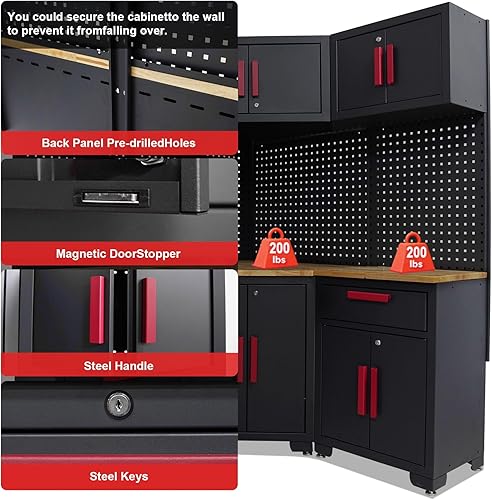Miniatura 4 de Sistema de almacenamiento de armario de garaje rojo, juego de taller de esquina de 10 piezas, armario de garaje y sistema de almacenamiento para