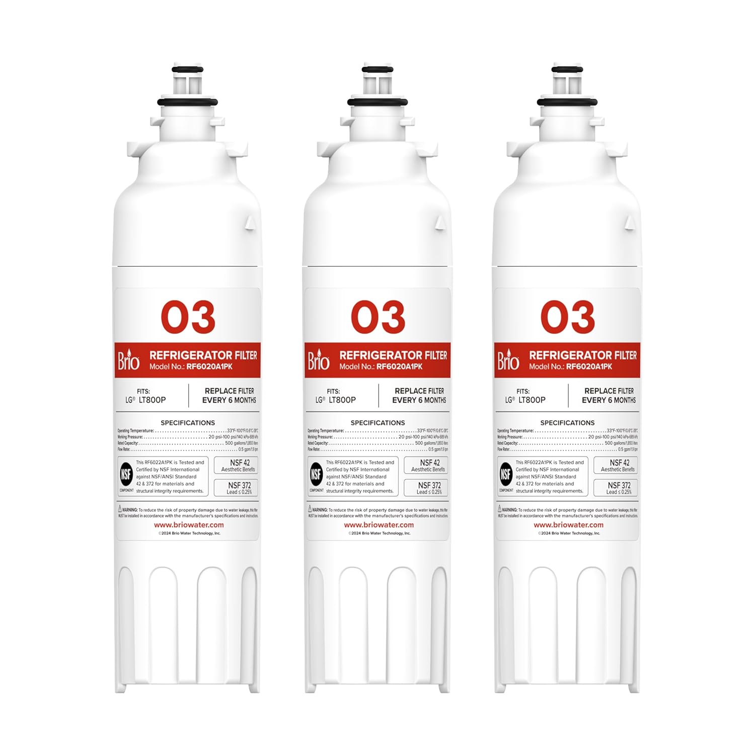 Brio LT800P & ADQ73613401 Water Filter Replacement for LG LT800p, ADQ73613402, ADQ73613408, ADQ75795104, Kenmore 46-9490, LSXS26326S, LMXC23746S, LMXC23746D, NSF 42, 53, 372, & 401 (3 Pack)