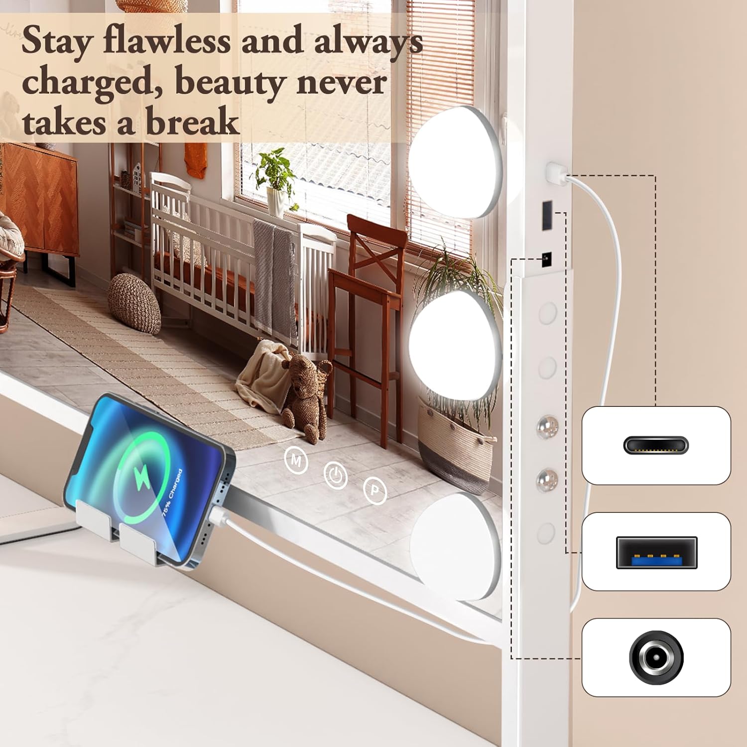 BESTOPE PRO Vanity Mirror with Lights, 23.6 x 22.4 Makeup Mirror with Lights and 3 Color Mode, Height Adjustable Hollywood Mirror with 2 Organizer, USB Charging Port, Phone Holder, Women Gifts