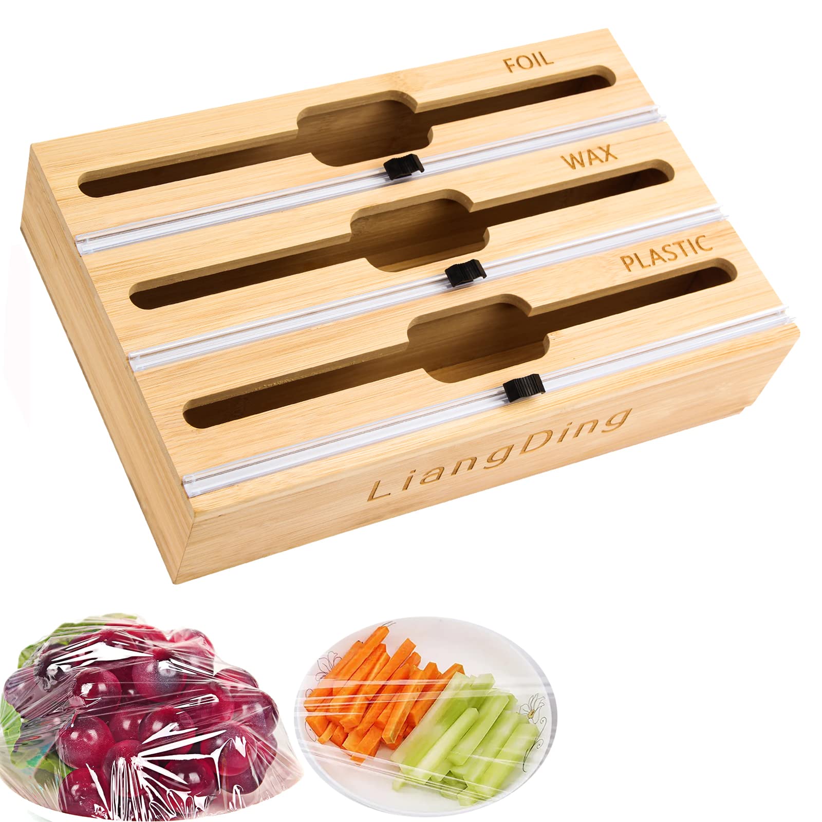 Foil and Plastic Wrap Dispenser with Slide Cutter, 3 in 1 Aluminum Foil, Plastic Wrap, Parchment and Wax Paper Bamboo Dispenser Organization and Storage for Kitchen Drawer, Cabinet, Fits 12" Roll