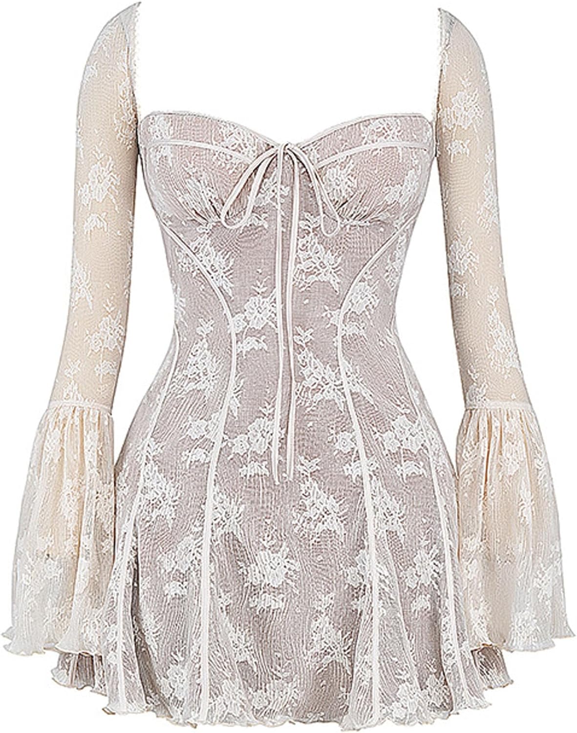 xxxiticat Women's Floral Lace Mini Dress Long Sleeve Square Neck Flower Pleated Swing Hem Layered White Fairy Short Dress - Image 6