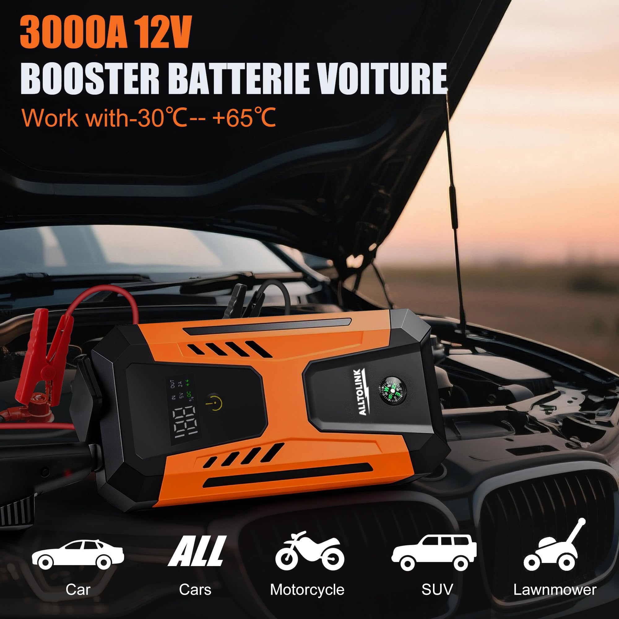 Booster Batterie Voiture 3000A 26640mWh,Charge Rapide 20W,12V Démarreur de Voiture Portable(pour Esence & Diesel), Jump Starter avec Écran, Lumière LED à 4 Modes