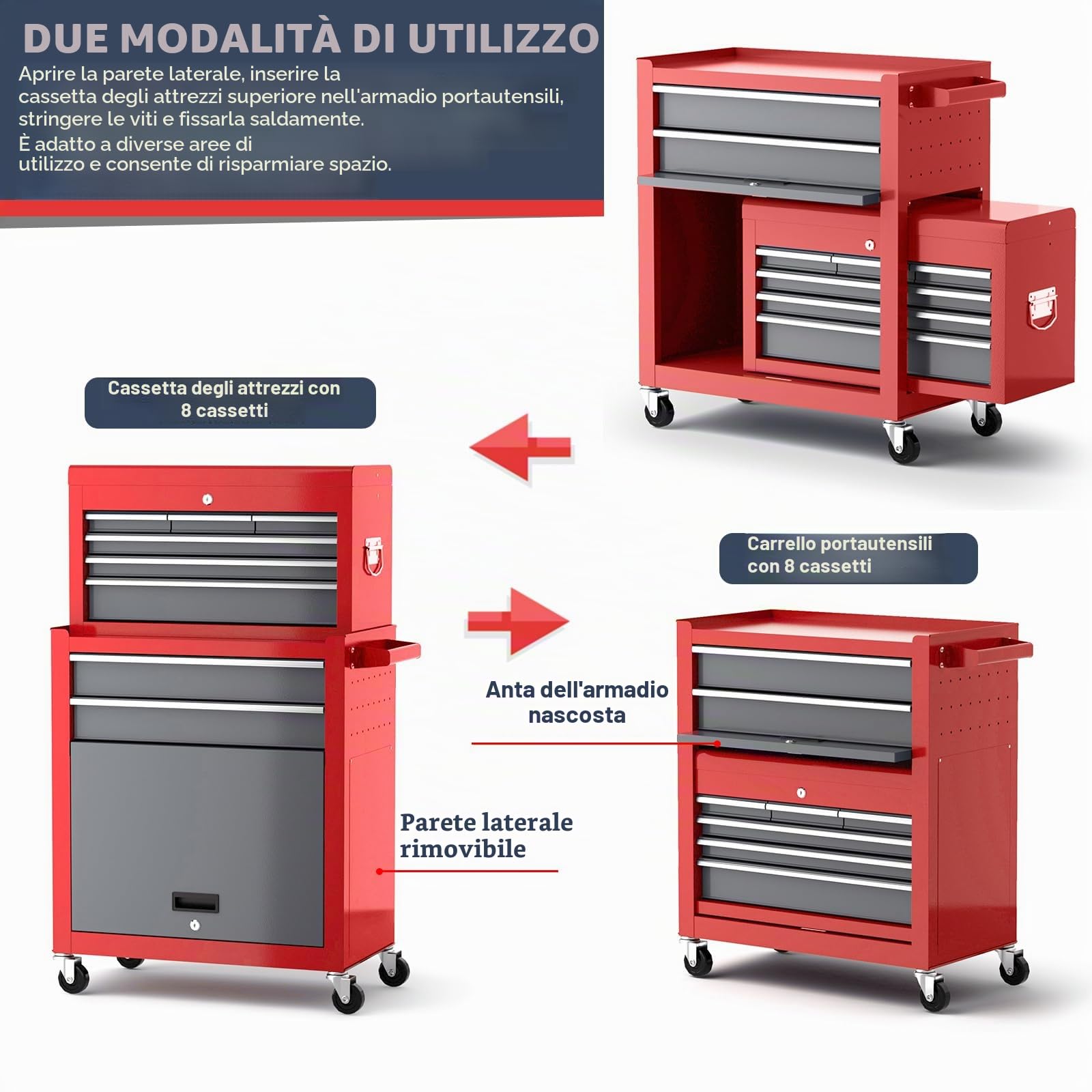 Carrello Porta Attrezzi con Otto Cassetti,Carrello Officina Grande da 42 Pollici con Ruote,Cassetta Portautensili in Metallo Superiore Rimovibile,Garage, Armadietti di Stoccaggio del Magazzino,Rosso