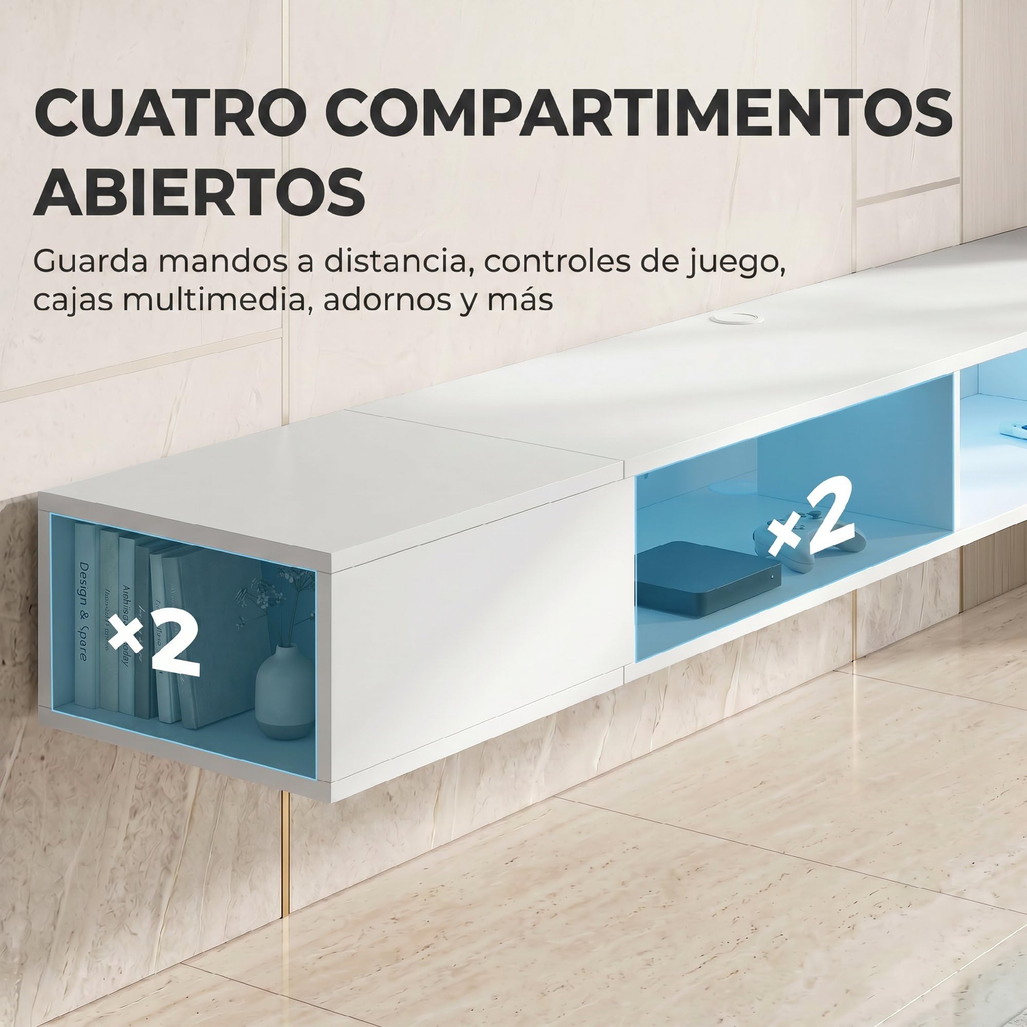 HOMCOM Mueble de TV Suspendido con Luces LED, Mueble de TV para Salón con Estantes Abiertos, Estilo Moderno, para Televisión 75 Pulgadas, 177,8x30x18 cm, Blanco