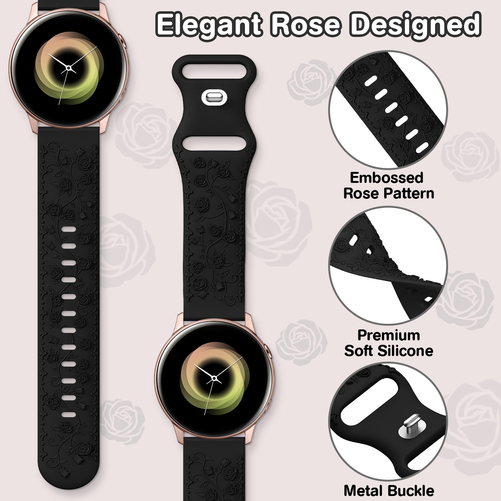Floral Engraved Band Compatible with Samsung Galaxy Watch 6/5/4 Band 40mm 44mm, Galaxy Watch 5 Pro 45mm,Galaxy Active 2,Galaxy Watch 3,20mm Soft Silicone Replacement Sport Strap for Women