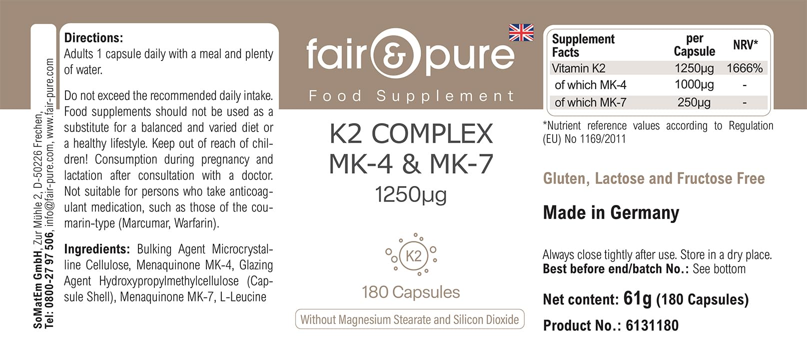 Fair & Pure® - Complexe de K2 1250µg MK-4 & MK-7 - végan - dosage élevé - 180 gélules