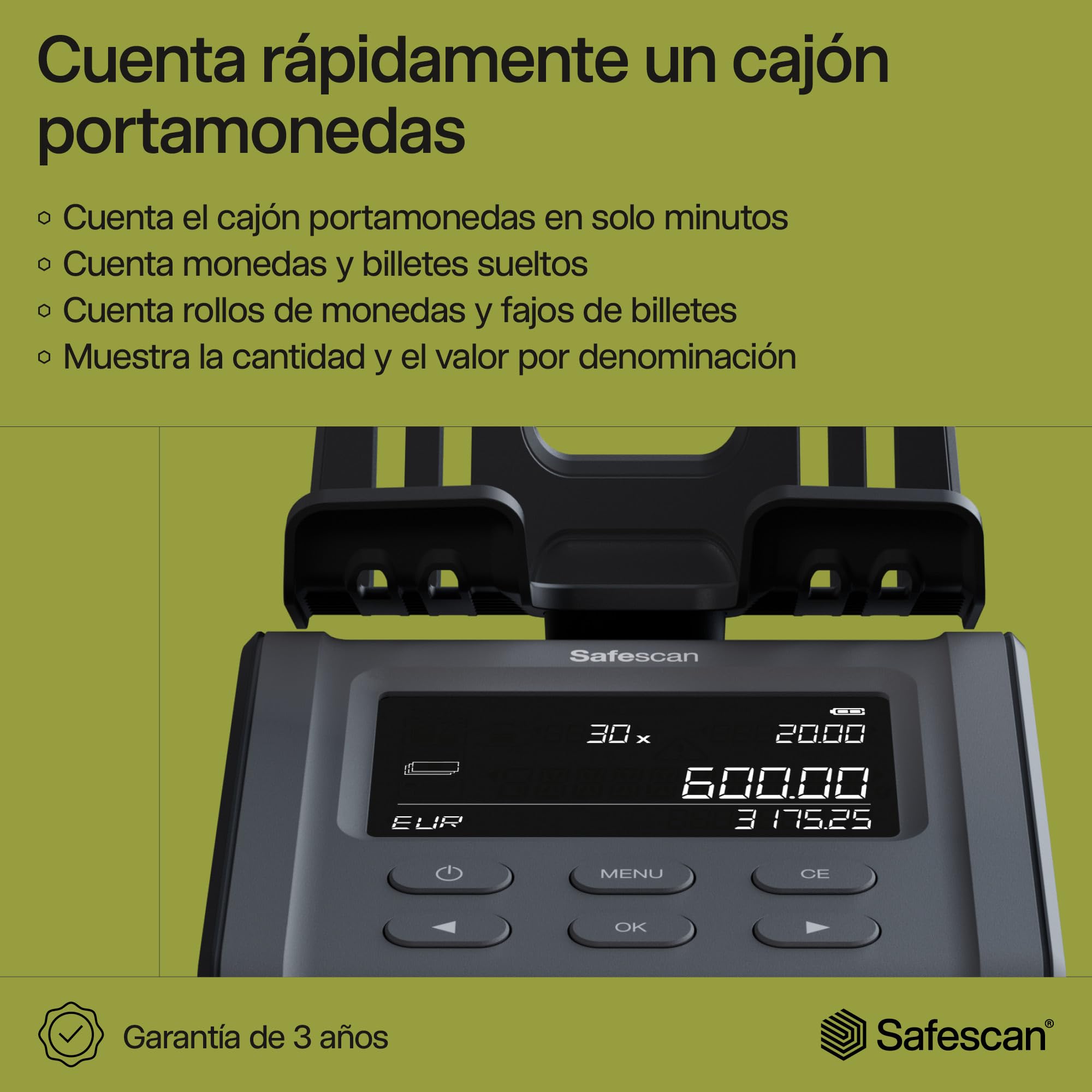 Safescan 6165 Máquina para contar dinero cuenta valor de monedas y billetes - Contadora de monedas con reconocimiento automático de rollos - Balanza para conteo rápido y ágil del cajón portamonedas
