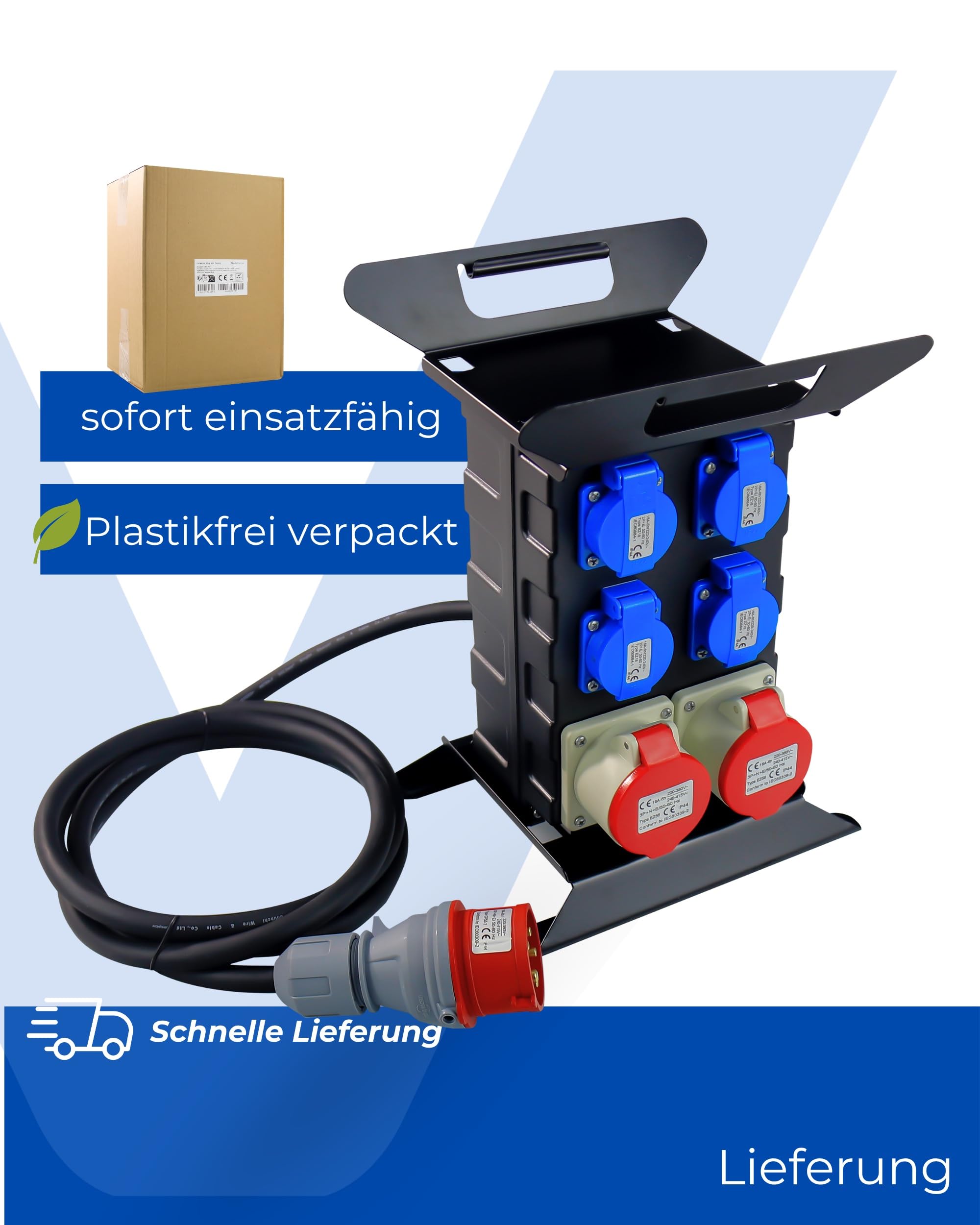 INVOLT Distribuzione dell'alimentazione corrente industriale CEE, 16 A / 400V – 230V Distributore di prese (4x Schuko + 2x CEE 16A + fusibile)