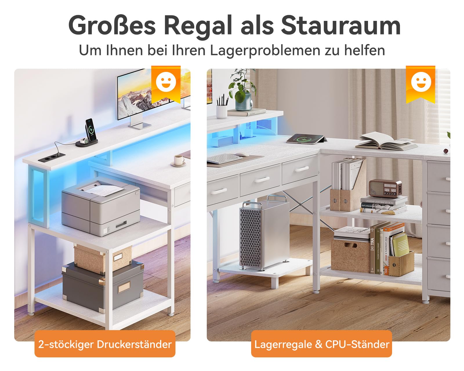 Coleshome Gaming Tisch mit 7 Schubladen & Großzügigem Stauraum, 179.5×135.5cm Eckschreibtisch mit RGB LED, Reversibler Schreibtisch L Form mit 2 Steckdosen, Ideal für Büro & Gaming, Weiß