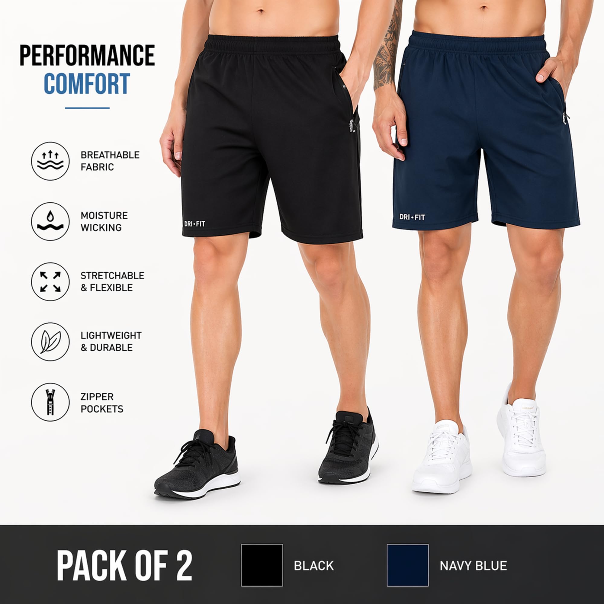 BLUE STAR SHARK Men's Athletic Combo Sports Shorts with Zip Pockets | Quick Dry Lightweight Gym and Running Shorts | Breathable Activewear Training Half Pant for Workout Jogging, Blue and AF, XL 1