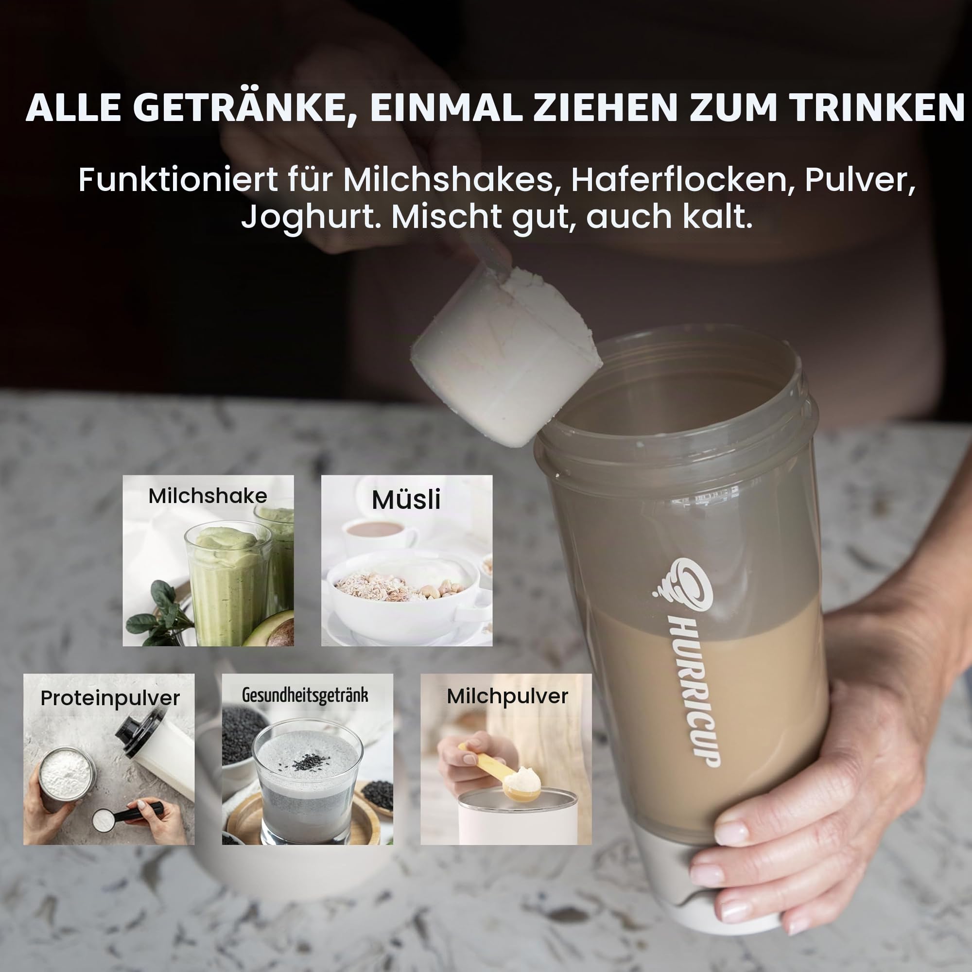 Hurricup Protein Shaker 650ml Manuelle Mischtechnik Ohne Schaum BPA-Frei | Klumpenfrei ohne Schütteln durch Seilzug. Auslaufsicher, spülmaschinengeeignet & portabel für Fitnessstudio, Büro & Outdoor