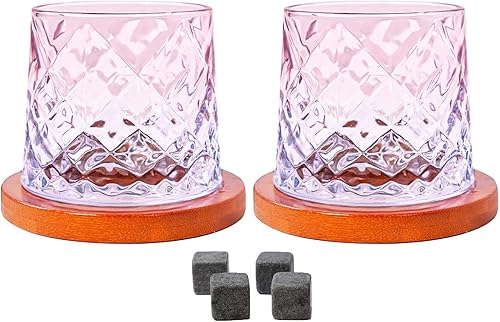 Miniatura 1 de Juego de 2 vasos de whisky giratorios, vasos de cóctel de 9.7 onzas, incluye piedras enfriadoras y posavasos, juego de barra de cristal giratorio