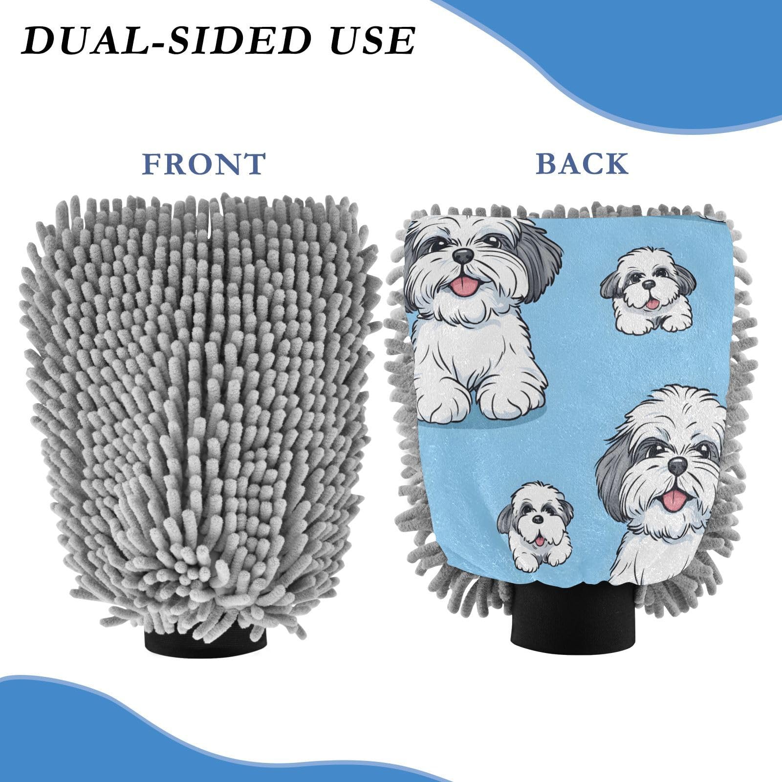 STAYTOP Cute Cartoon Shih Tzu Dog Car Wash Mitt Microfiber, 2Pcs Scratch Free Lint-Free, Premium Chenille Microfiber Mitt Car Wash Brush-M