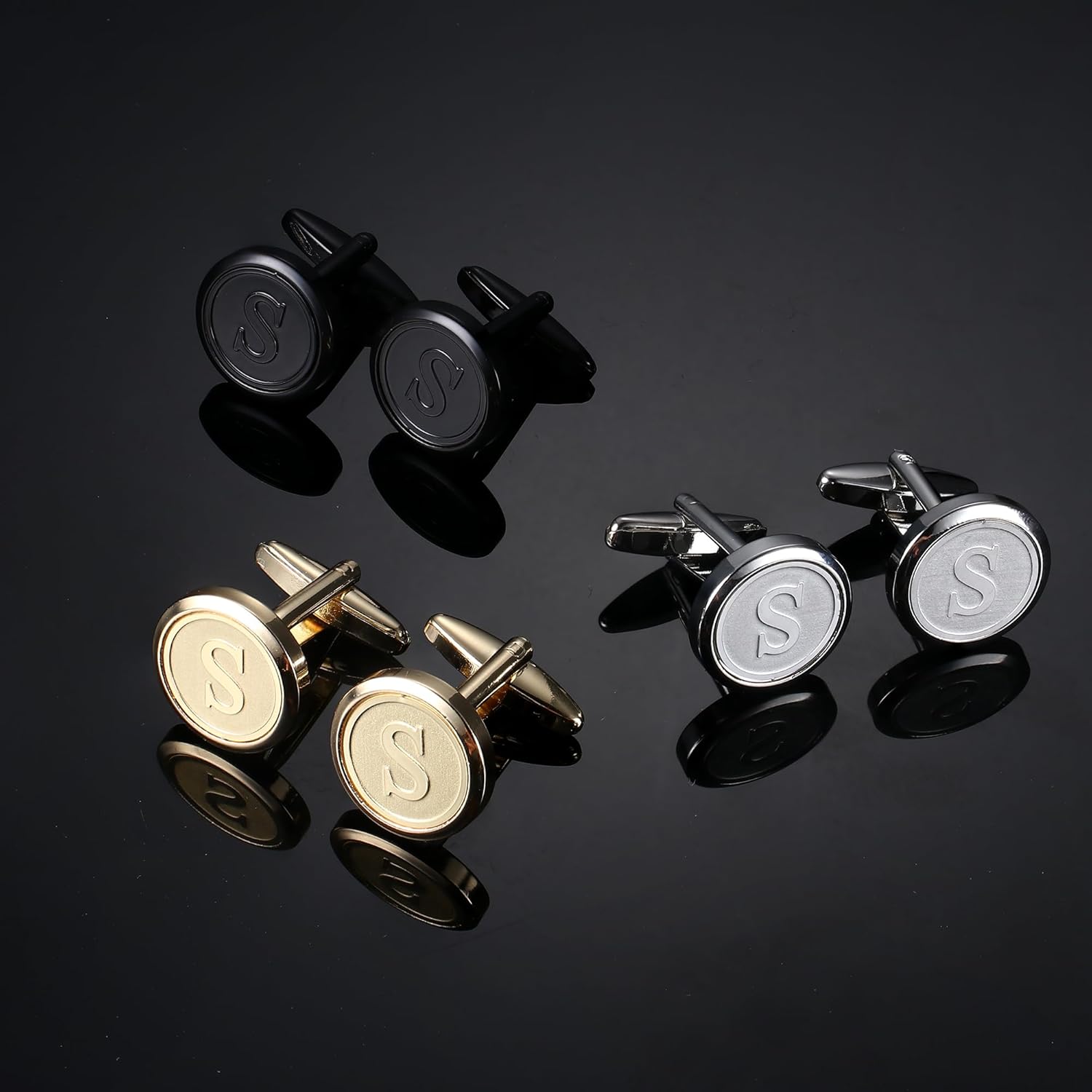 LOLIAS 3 Pairs Initial Cufflinks For Men Classic Mens CuffLinks Set Letter Cuff Links for Casual to Formal with Gift Box Silver Black 14K gold plated Cufflinks for Father Husband - Image 7