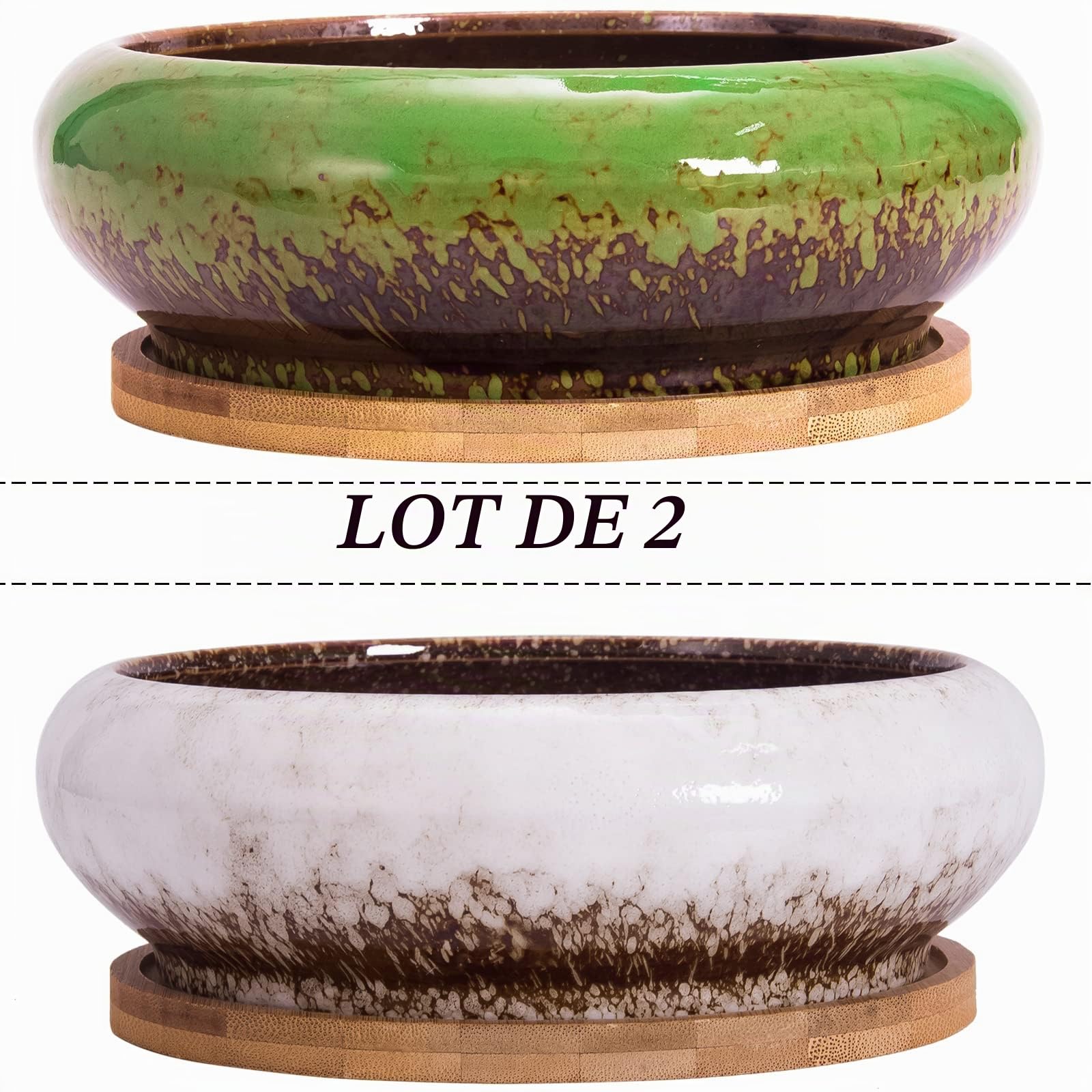 ARTKETTY Lot de 2 Grands Pots de Plantes succulentes avec Drainage, Pots de bonsaï Peu Profonds avec Plateaux, récipient en céramique pour Plantes de Cactus d'intérieur et d'extérieur