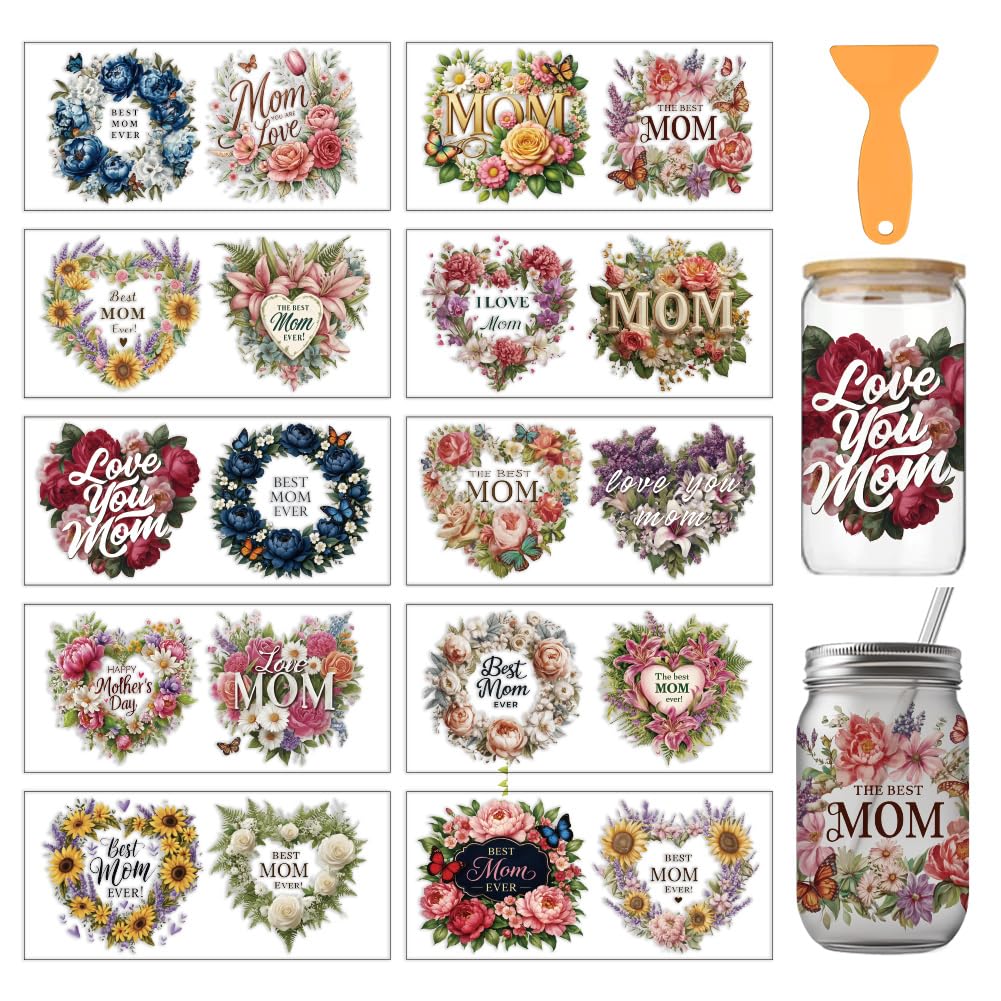 arricraft 10 Sheets Mother's Day Theme UV DTF Cup Wrap for 16OZ Glass, Mother's Day Wreath The Best Mother Rub on Decals PVC Transfer Stickers for DIY Cups Window Home Printing Decoration 24x11cm โ image 1
