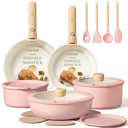 CAROTE Pots and Pans Set, Nonstick Cookware Set Detachable Handle, 19pcs Induction Kitchen Cookware Sets Non Stick with Removable Handle, RV Cookware Set, Oven Safe, Pink