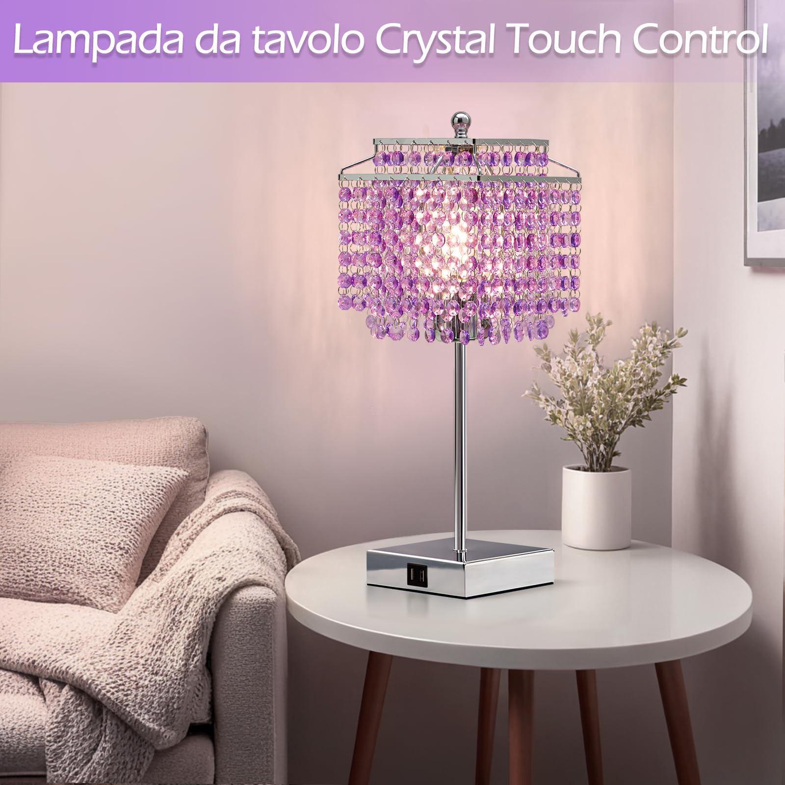 GyroVu Lampada da Tavolo in Cristallo, Lampada Touch con Porte USB C+A, Lampada Dimmerabile per Comodino, Camera da Letto, Soggiorno, Lampadina Inclusa