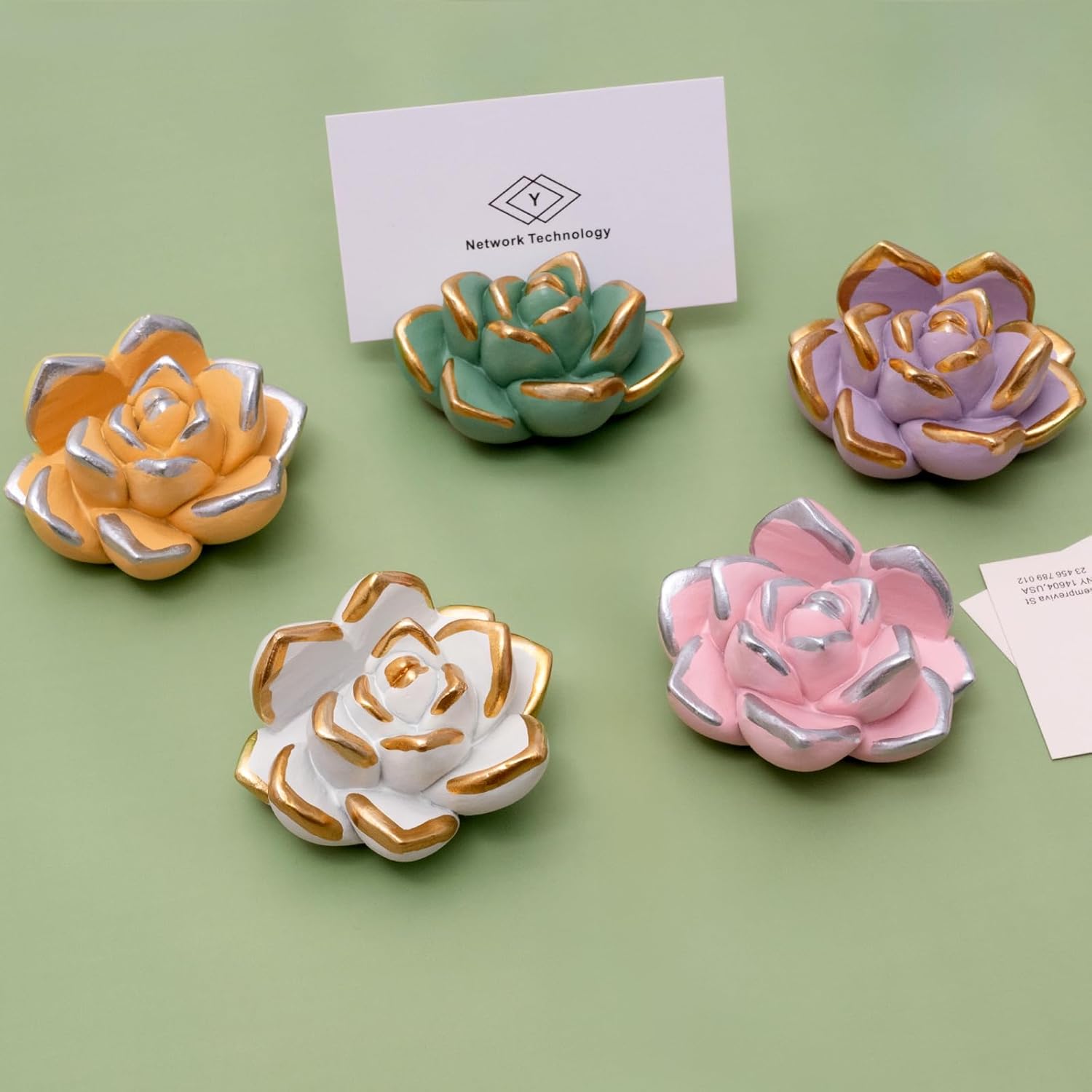 樹脂多肉植物名刺ホルダー 5個セット - ホワイト、ピンク、グリーン、パープル、イエロー - かわいいカードディスプレイスタンド ス