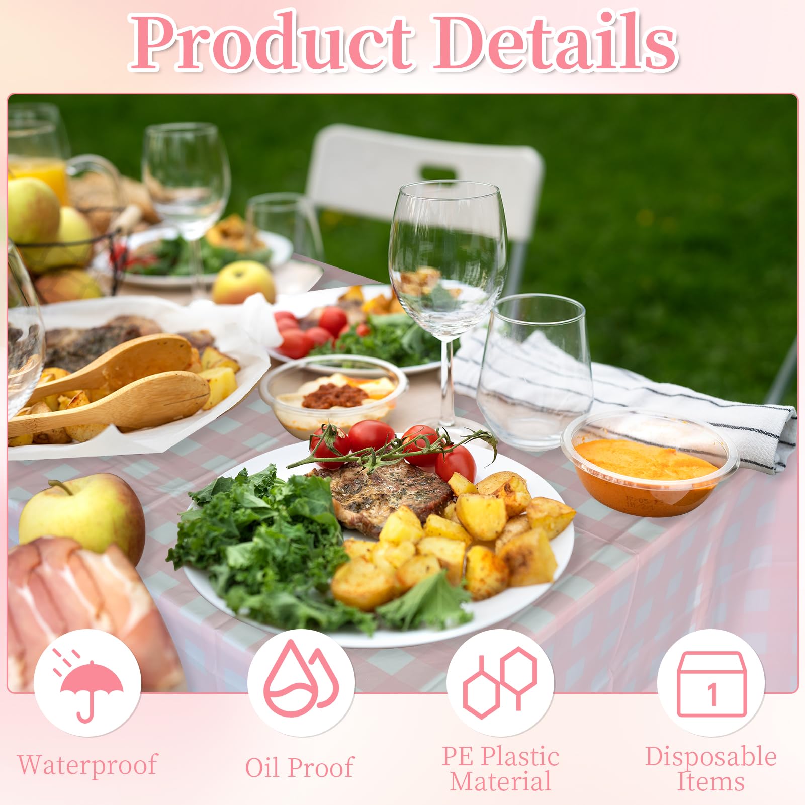 Manteles a cuadros rosados y blancos, mantel de plástico desechable con bandera a cuadros para mesa de jardín, fiestas, Navidad, bodas, pícnic, 137 x 274 cm