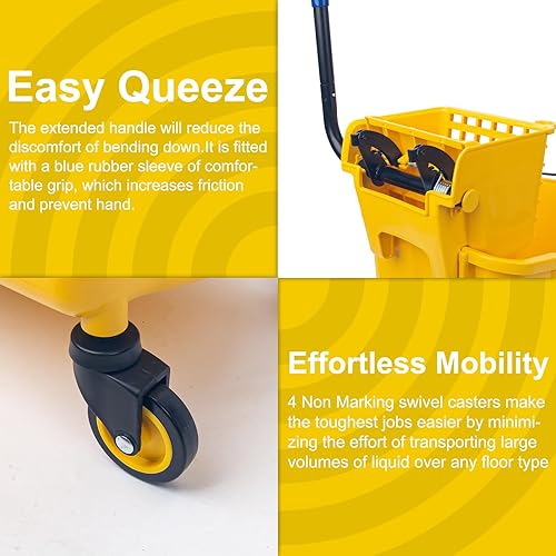 Miniatura 5 de Kefanta Juego de cubo comercial con escurridor de prensa lateral de 35 cuartos de galón, color amarillo, incluye 1 trapeador industrial resistente