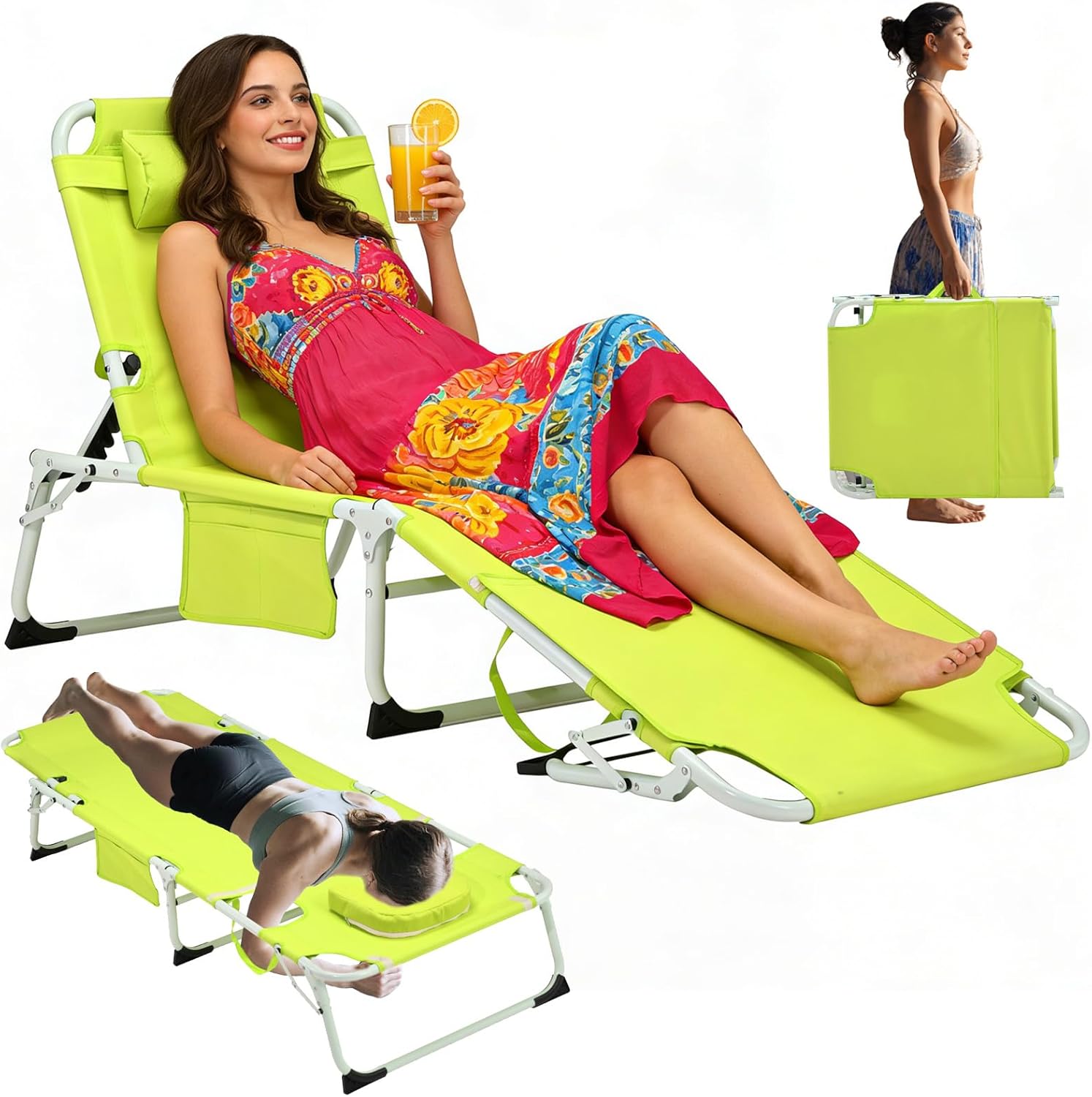 3-in-1 Heavy Duty Tanning Chair with Face Hole Adjustable 5-Position Folding Chaise Lounge Chairs Portable Lay Flat Beach Lounge Chair for Outdoor Sunbathing Patio Pool Lawn Camping Deck (Green)