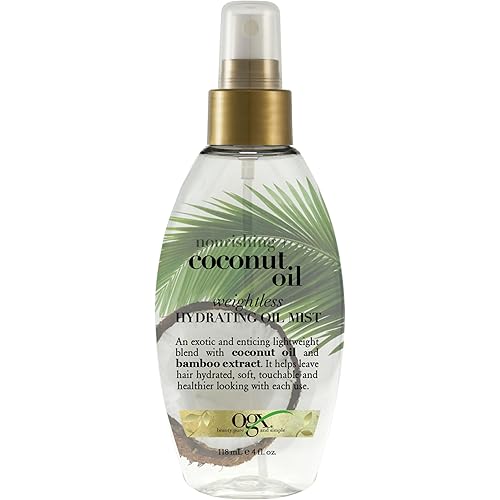OGX Nourishing + Coconut Oil Weightless Hydrating Oil Hair Mist, Lightweight Leave-In Hair Treatment with Coconut Oil & Bamboo Extract, Paraben & Sulfate Surfactant-Free, 4 Fl Oz