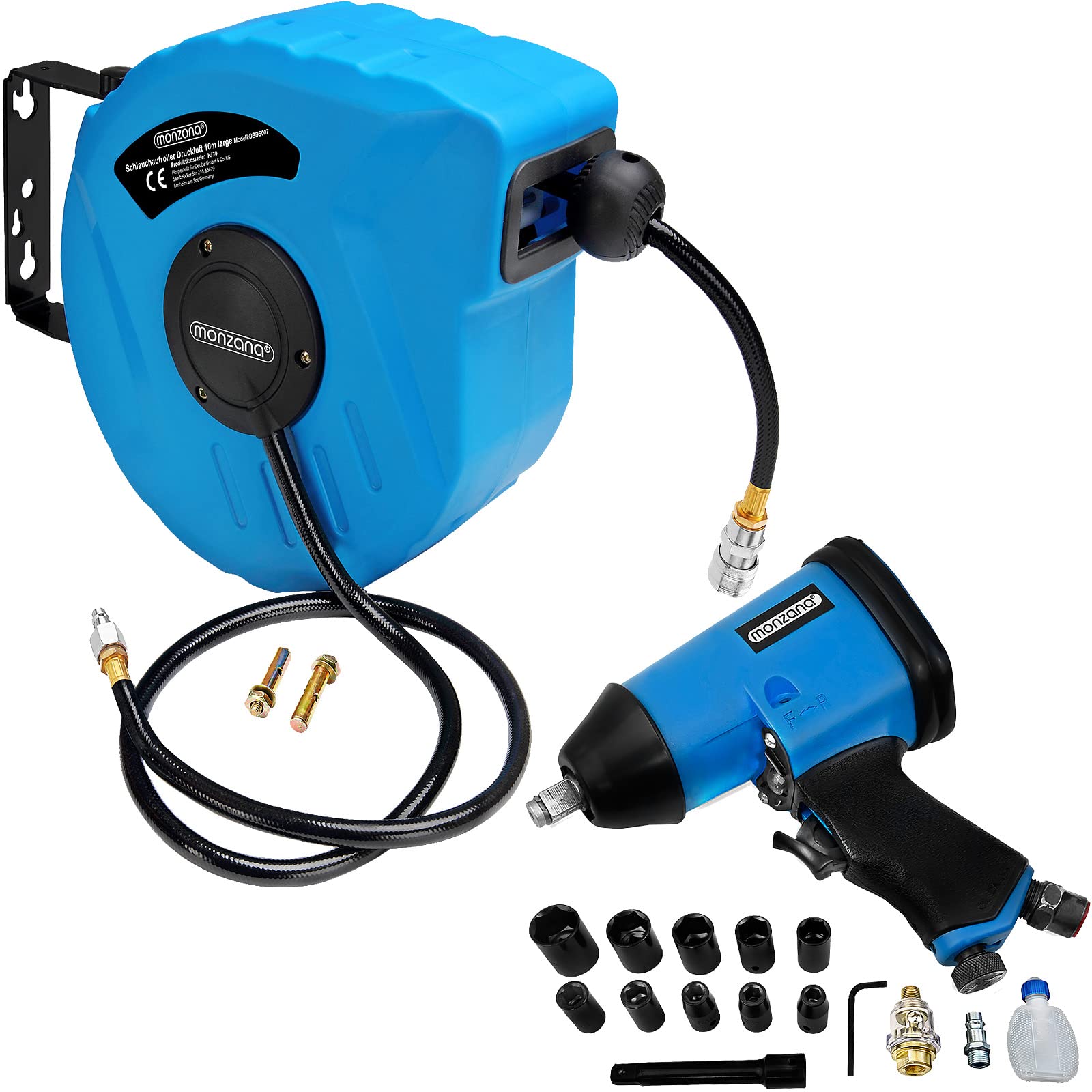 Monzana Carrete Manguera de Aire 10m 1/4' Enrrollador Automático Portamangueras Con Llave de Impacto