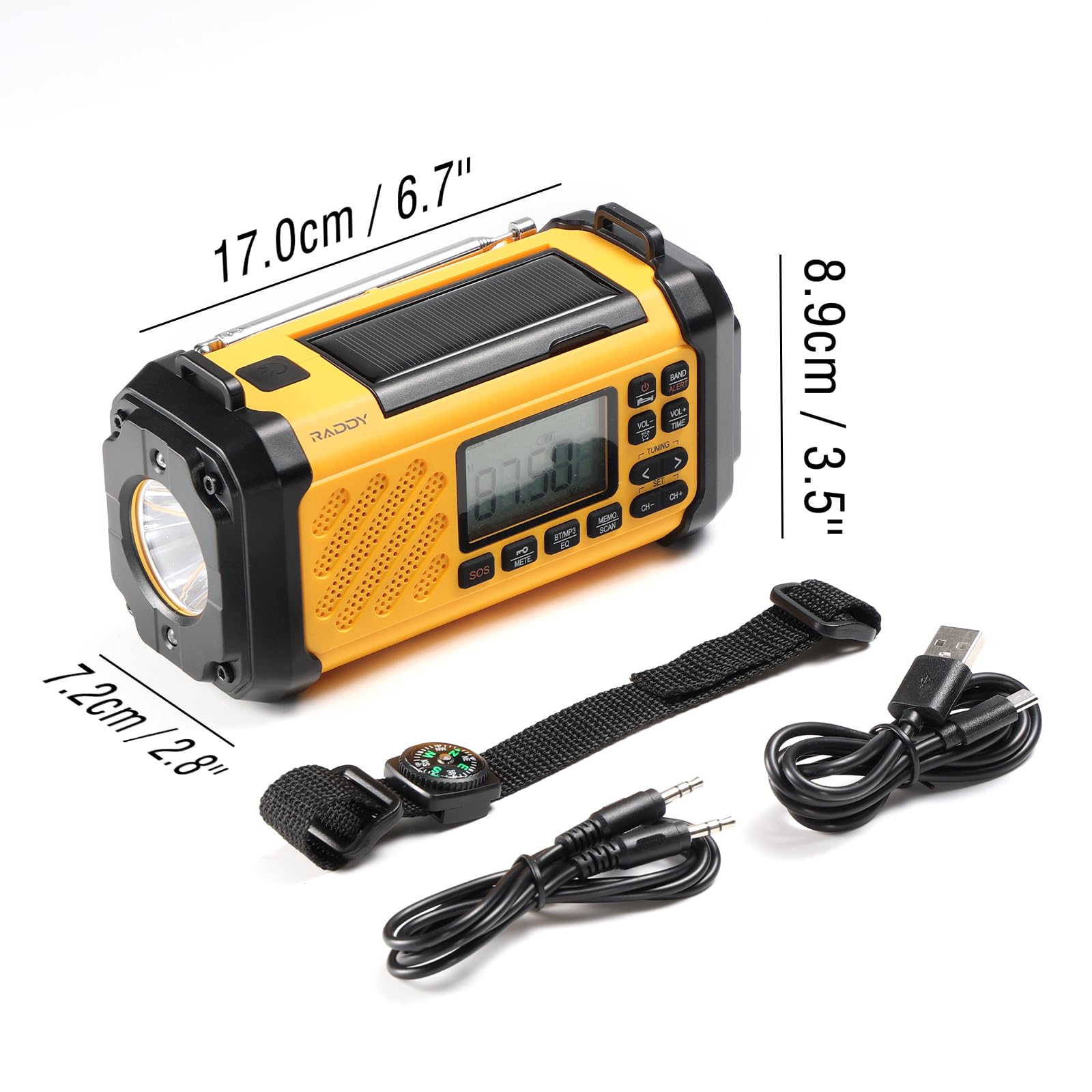 Raddy SH-906 Radio awaryjne, przenośne radio z korbą ręczną na energię słoneczną, AM/FM/SW/VHF, latarka do czytania, SOS, kompas, ładowarka do telefonu