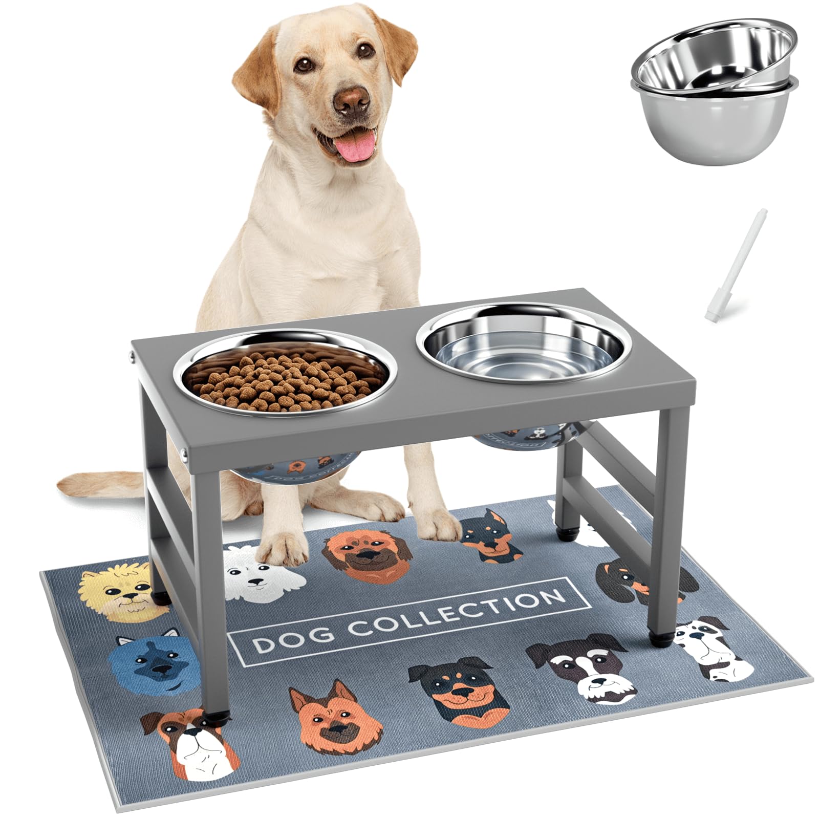 10'' Metal Raised Dog Bowl Stand, Elevated Dog Bowls with 2 Stainless Steel Bowls (1700ml/58oz) &amp; Anti-Spill Mat for Medium/Large Breeds,Gray