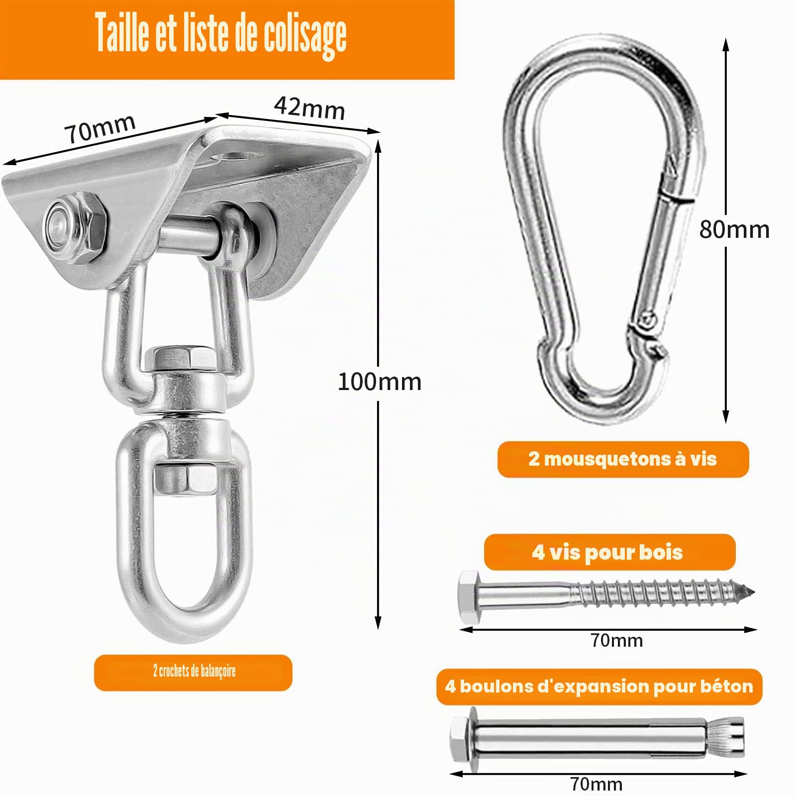 2 Pièces 360° Rotation Crochet Plafond Charge Lourde, Support Sac Frappe avec Vis Fixation, Crochet Suspension Acier Inoxydable pour Chaise Suspendue, Balançoire, Serviette Yoga (450kg Capacité)