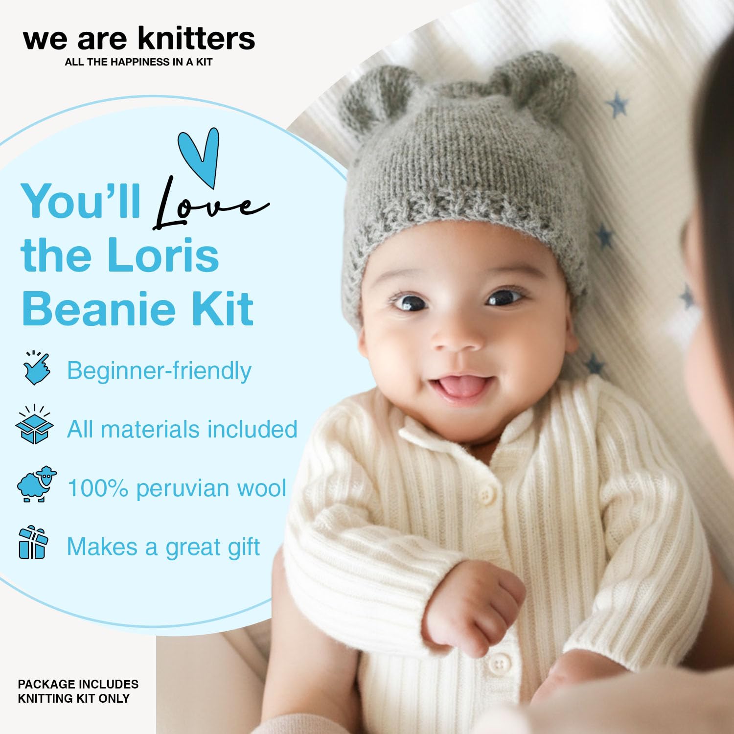 We Are Knitters Loris Beanie Strickset für Babys, DIY Mütze aus 100% Alpaka Wolle zum Stricken, Häckel kit für Anfänger, Strickset für Anfänger inkl. Stricknadeln Set, Größen 0-6M & 6-12M