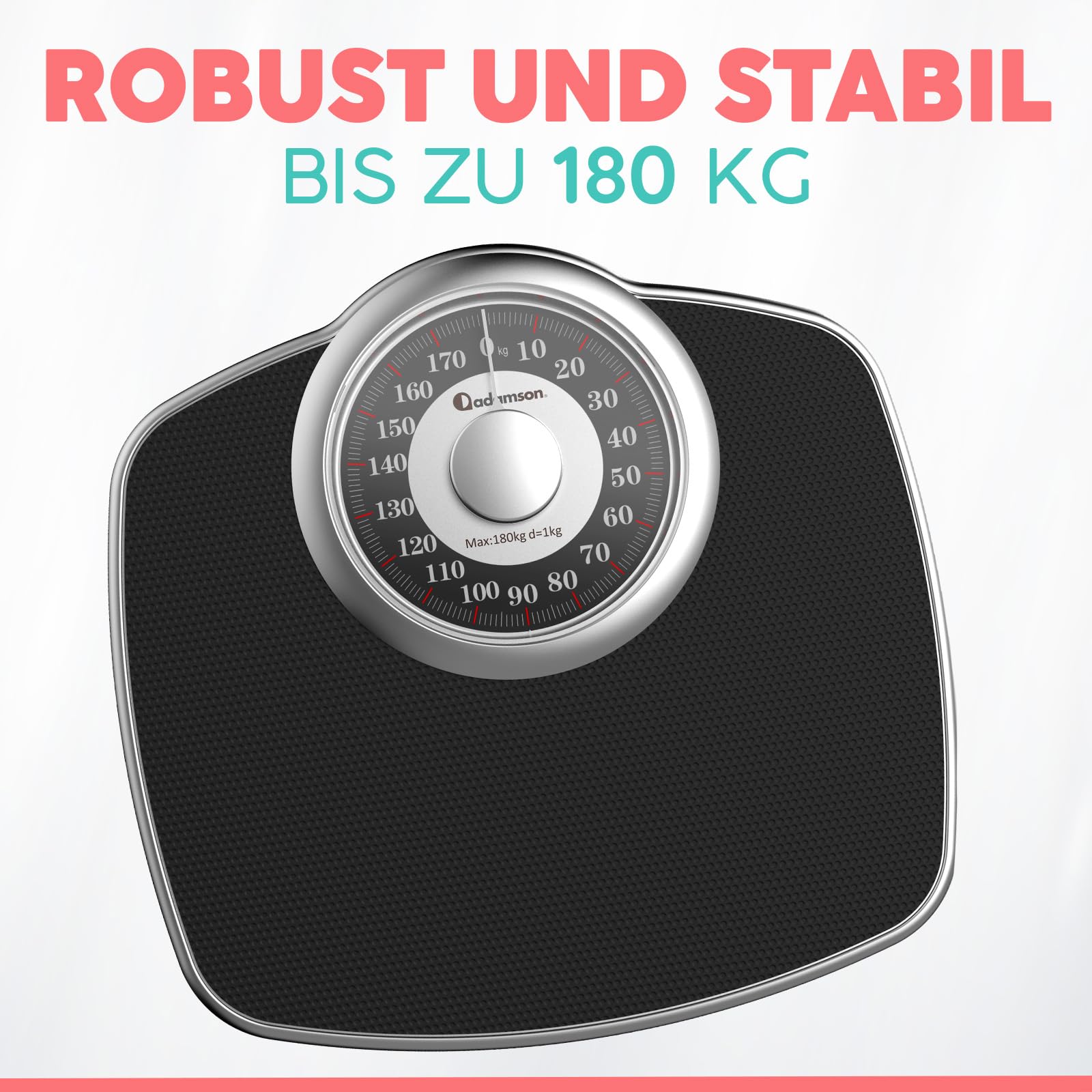 Adamson A25 Personenwaage – bis zu 180 kg – 5,3 Zoll Zifferblatt auf 31 x 30 cm großer Plattform – Rutschfeste Gummioberfläche – Hochpräzise analoge Personenwaage – 20 Jahren Garantie - Silber