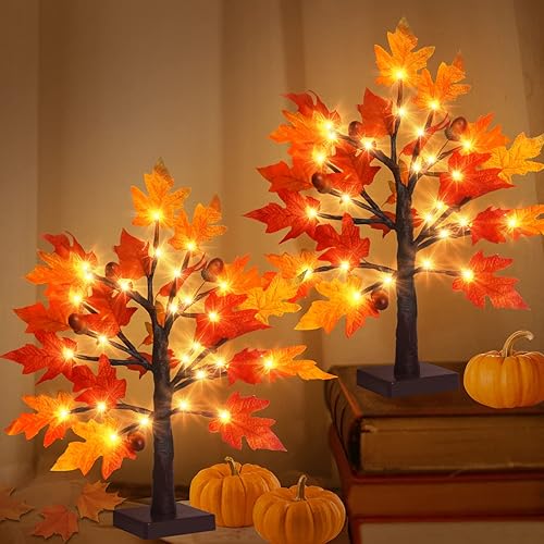 Remon Paquete de 2 luces de árbol de arce iluminadas de otoño, 2 pies, 36 luces LED de otoño artificiales, funciona con pilas, lámpara de mesa con 6