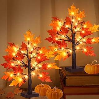 2Pack Artificial Fall Lighted Maple Tree - 1.5FT 36 LED Thanksgiving Decor Lights, Battery Operated Tabletop Lamp with 6 Acorns, 6-Hours Timer, for Wedding Party Indoor Outdoor Autumn Decor…