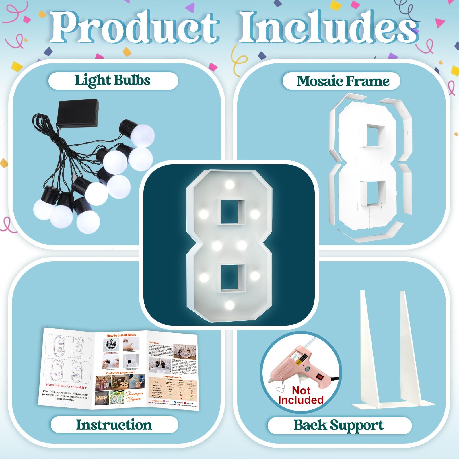 3FT Light Up Numbers Birthday Decoration Large Marquee Numbers 8 for 18th 80th Birthday Party Decor Wedding, Big Number Frame Foam Cardboard Mosaic Arch Stand Pre-cut Numbers — view 4