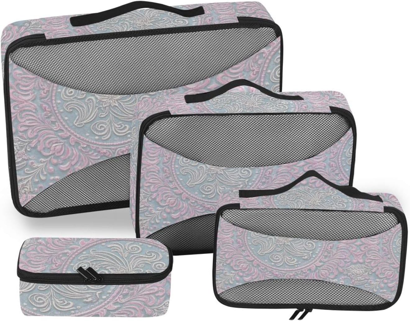 Elegant Paisley Floral Silver Peach Colorful 4 Pcs set organizers for travel Mesh Travel Essentials portable packing cubes travel