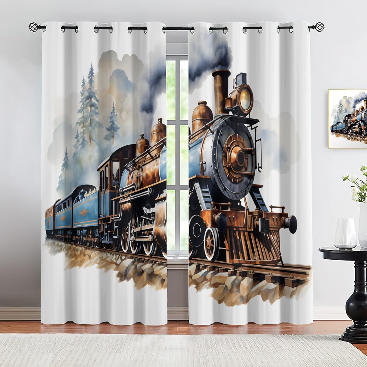 Vintage Train Black Out Curtains 39 inch Long 2 Panels, Steam Engine Locomotive Curtains for Bedroom Living Room Decor, Steam Train Window Treatment Drapes with Grommet