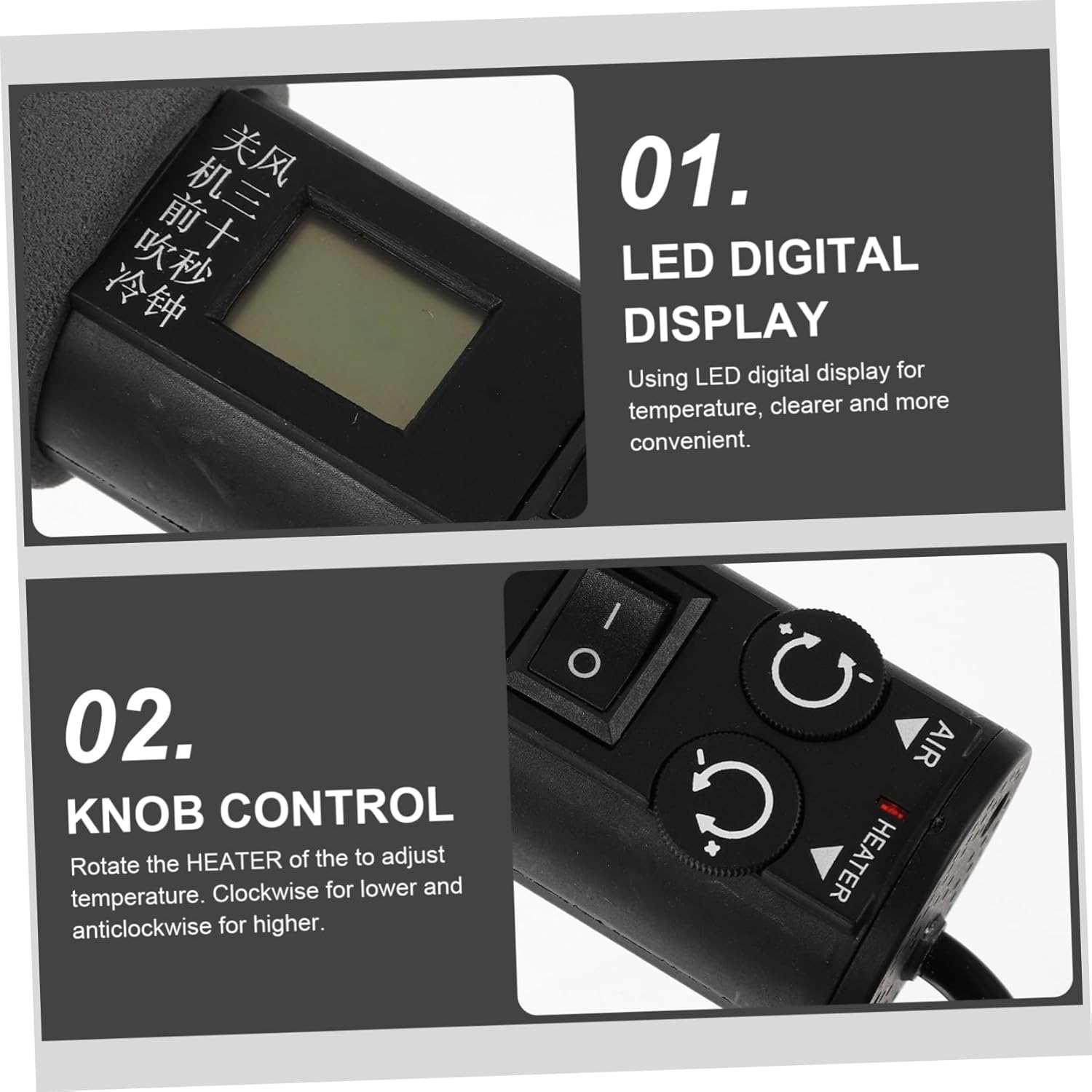 Close-up of the heat gun's LED digital display and control knobs.