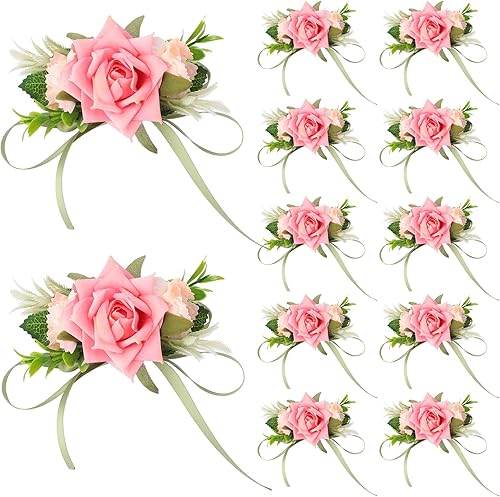 Jexine 12 piezas de ramilletes de muñeca rosa para baile de graduación, novia, mano, flores, rosa, rosa, ramillete de muñeca para novia, dama de