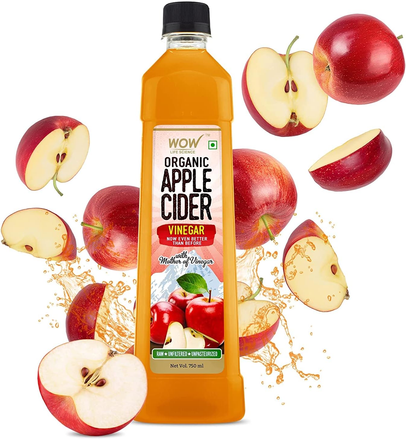 WOW Life Science Apple Cider Vinegar 750ml | Organic Himalayan Apples | Mother of Vinegar with Probiotics | Unfiltered & Unpasteurized | For Weight Management, Reduced Bloating, Healthy Skin & Hair