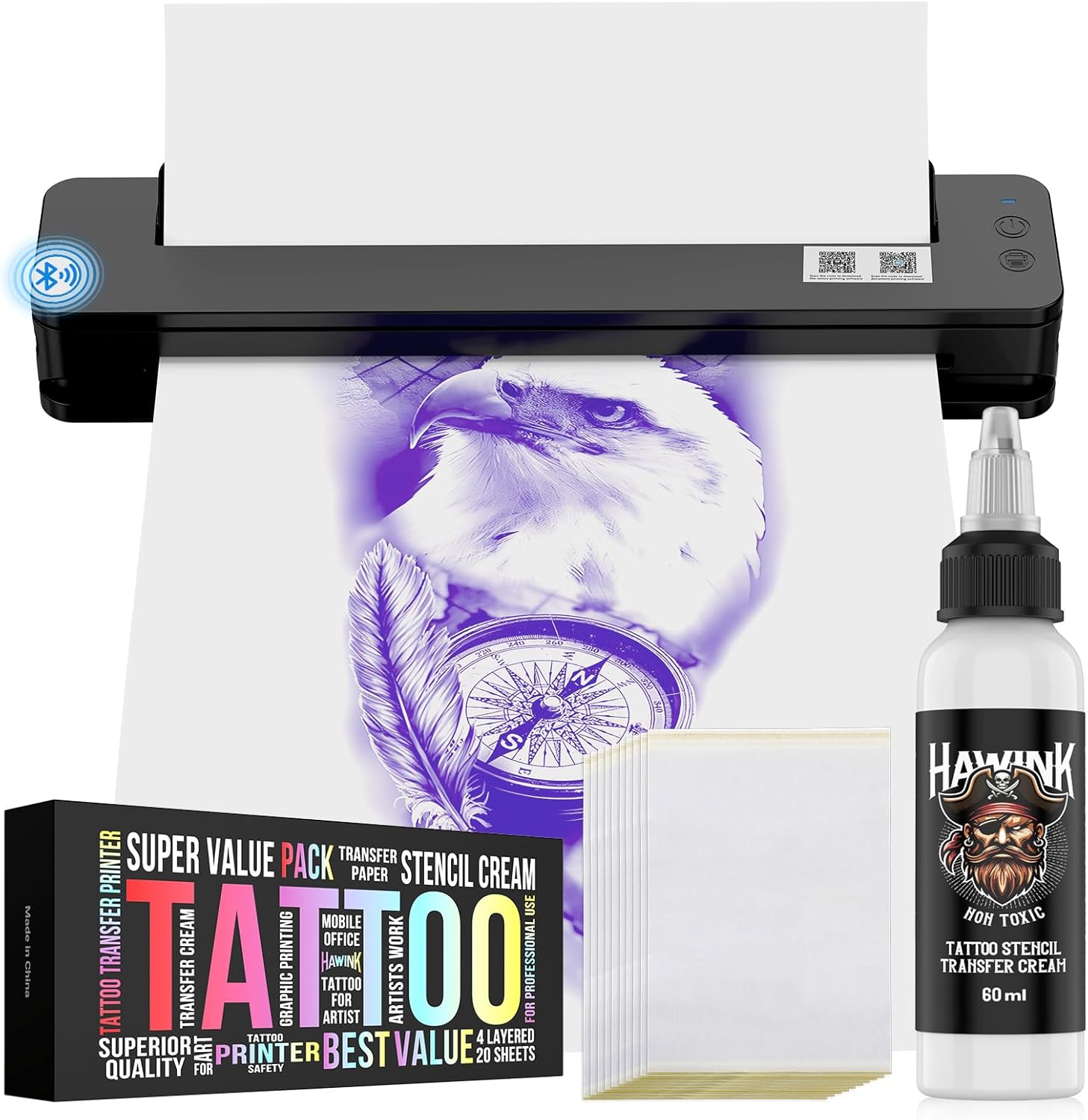 HAWINK Tattoo Stencil Printer Wireless Thermal Tattoo Printer with 20pcs Transfer Paper Transfer Cream 60g Compatible with Phone/Tablet/PC Tattoo Supplies for Tattoo Artists & Beginners T106ZKIT-US