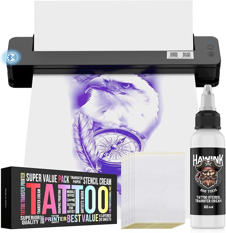 Impressora térmica sem fio para stencil de tatuagem HAWINK T106ZKIT-US com 20 folhas de papel transfer e creme transferidor 60 mL