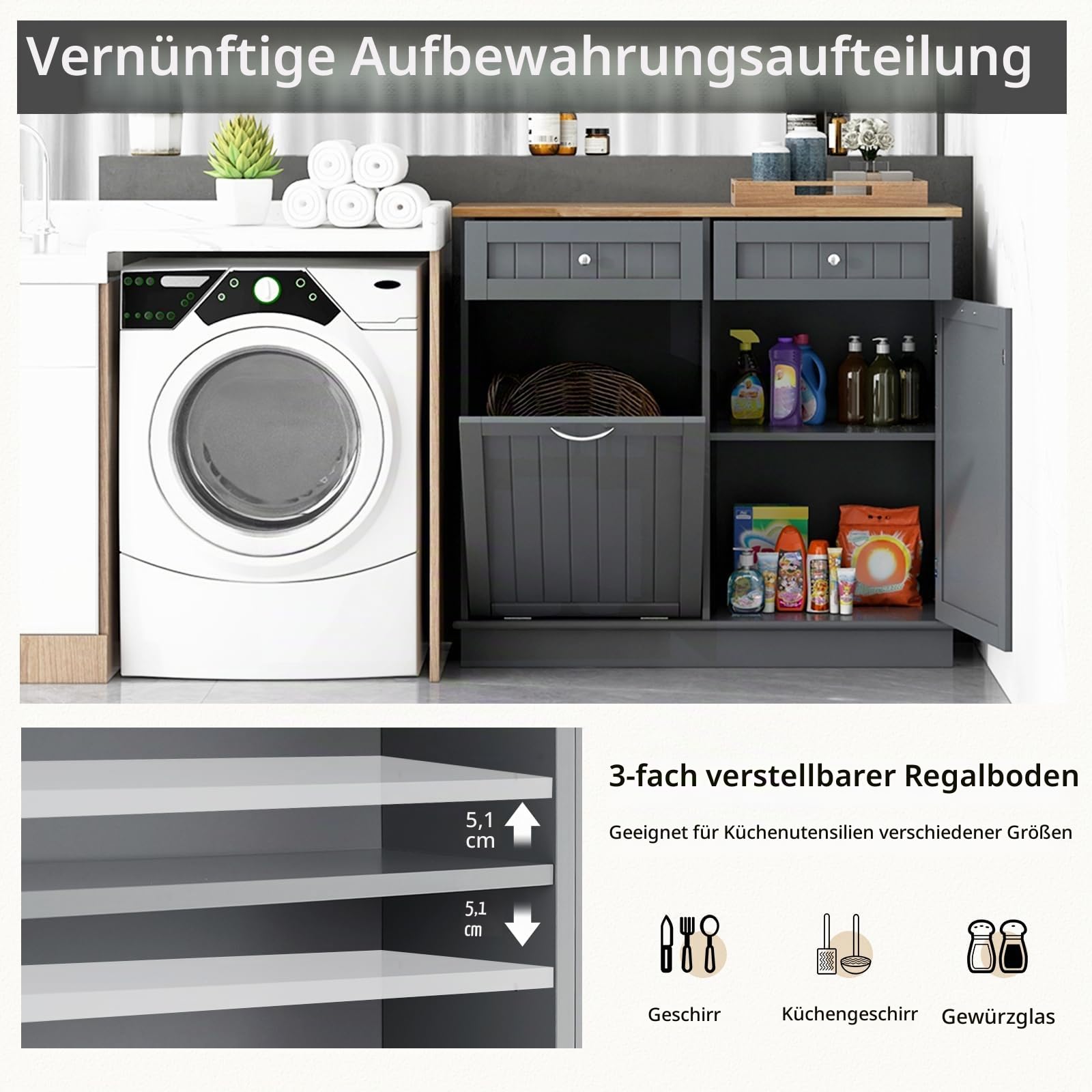 KOMFOTTEU Küchenschrank Abfallschrank mit Ausziehtür, Sideboard mit Halterung für Mülltonnen 42L, Mehrzweckschrank Holz mit 2 Schubladen, Küche Kommode 100x35x90,5cm (Grau)