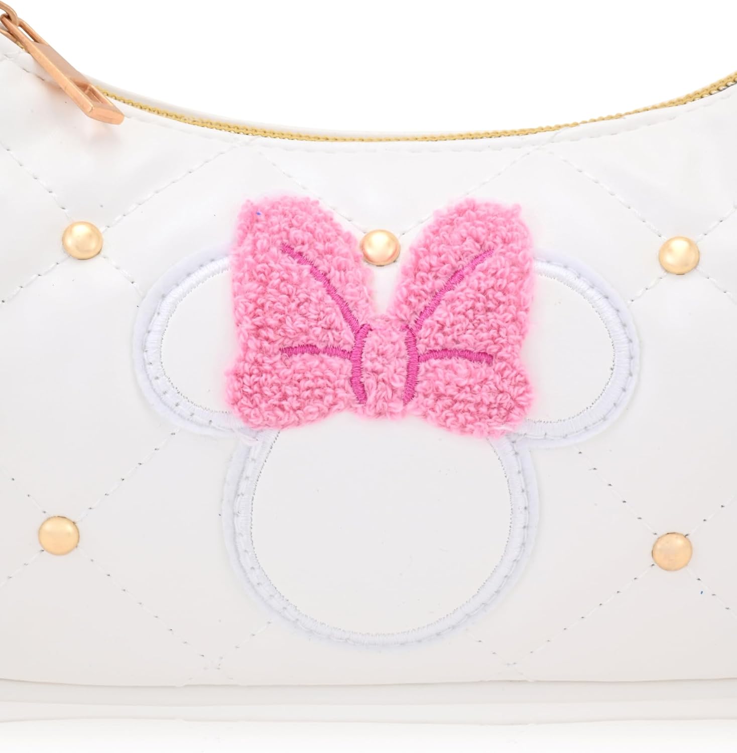 Disney Minnie Mouse Hobo Bag for Women & Girls | White Quilted Handbag with Gold Studs & Chain Strap | PU Leather Shoulder Bag, Fashion Tote, Everyday Purse - Image 6
